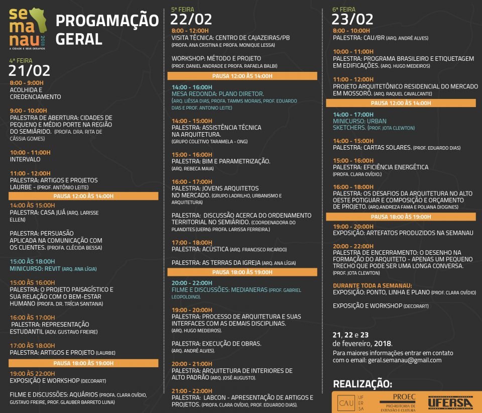 SEMANAU UFERSA 2018 - Semana de Arquitetura e Urbanismo da UFERSA 54 CRONOGRAMA