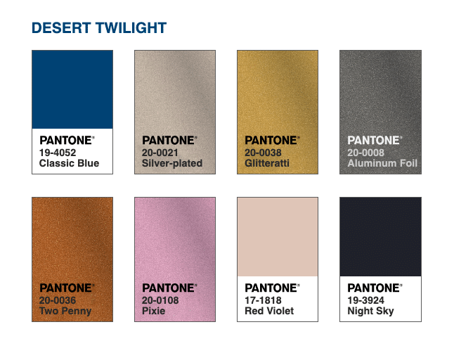 Cor do Ano 2020: PANTONE 19-4052 Classic Blue 47 Lembrando o céu ao anoitecer, o ilimitado PANTONE Classic Blue 19-4052 cria um cenário elegante com esta seleção metálica de tons sofisticados que se pintam no céu, provocando um brilho iluminado como um crepúsculo no deserto, Desert Twilight.
