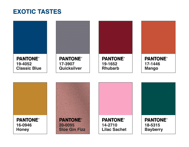 Cor do Ano 2020: PANTONE 19-4052 Classic Blue 49 Um cadinho intrigante e aventureiro de gostos e cores que remontam a temperos naturais, condimentos e comidas azuis. Alimentos azuis, parecidos com a PANTONE 19-4052 Classic Blue, são ricos em antocianinas, uma forma de proteção à boa saúde, que ajuda a construir uma base sólida através da sua relação com o bem-estar e o autocuidado.