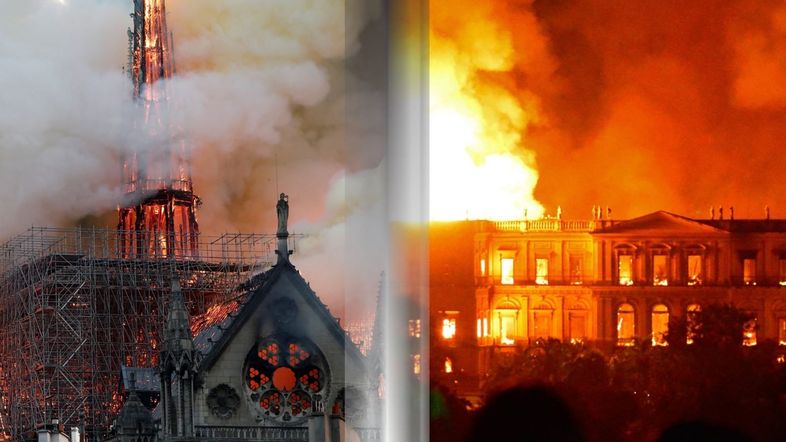 Museu Nacional e catedral de notre-dame em Chamas
