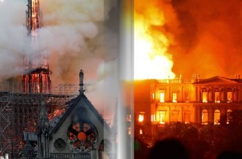 Museu Nacional e catedral de notre-dame em Chamas