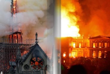 Museu Nacional e catedral de notre-dame em Chamas