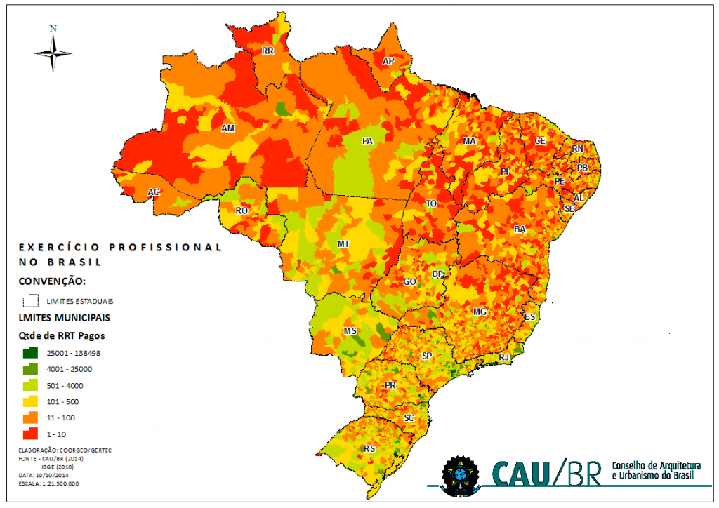 RRTs dos Arquitetos e Urbanistas no Brasil 25 rtts arquitetos no brasil Cartograma Exercicio Profissional2